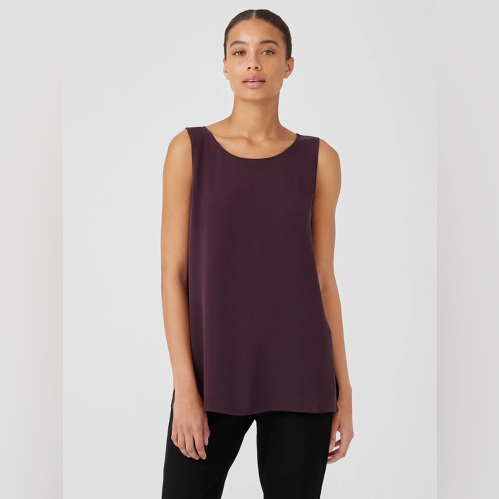 Eileen Fisher Silk Georgette Crepe Ballet Neck Long Tank Size S